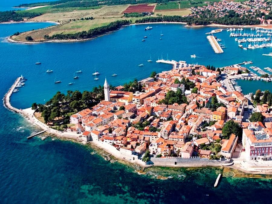 Umag - Novigrad: Aerial view of coastal town on peninsula