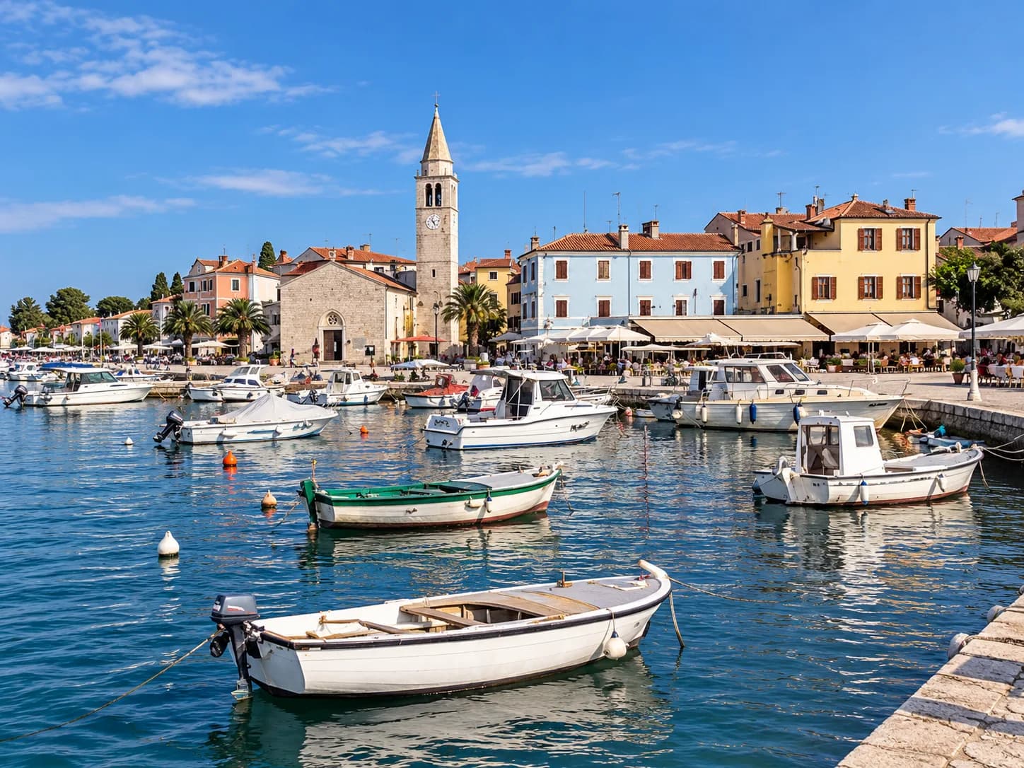 Vodnjan - Fažana: Small harbour with boats and bell tower
