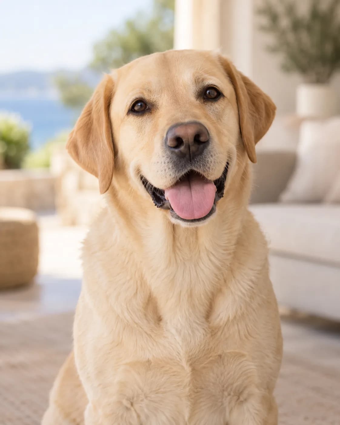 Dog on villa terrace by sea