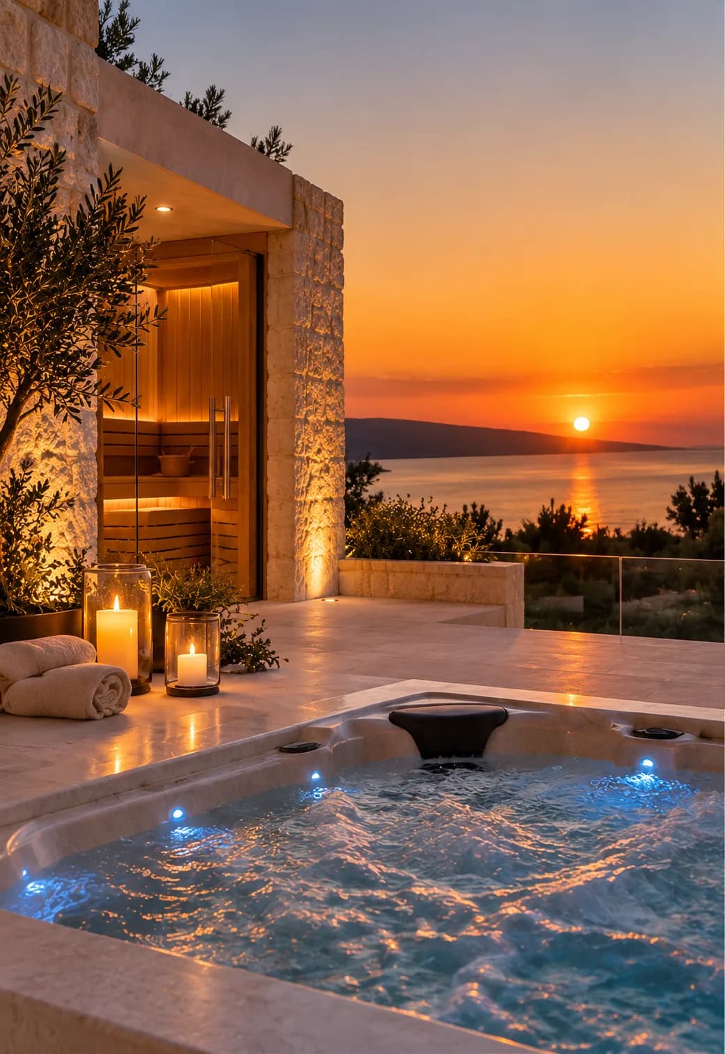 Outdoor jacuzzi with sunset sea view